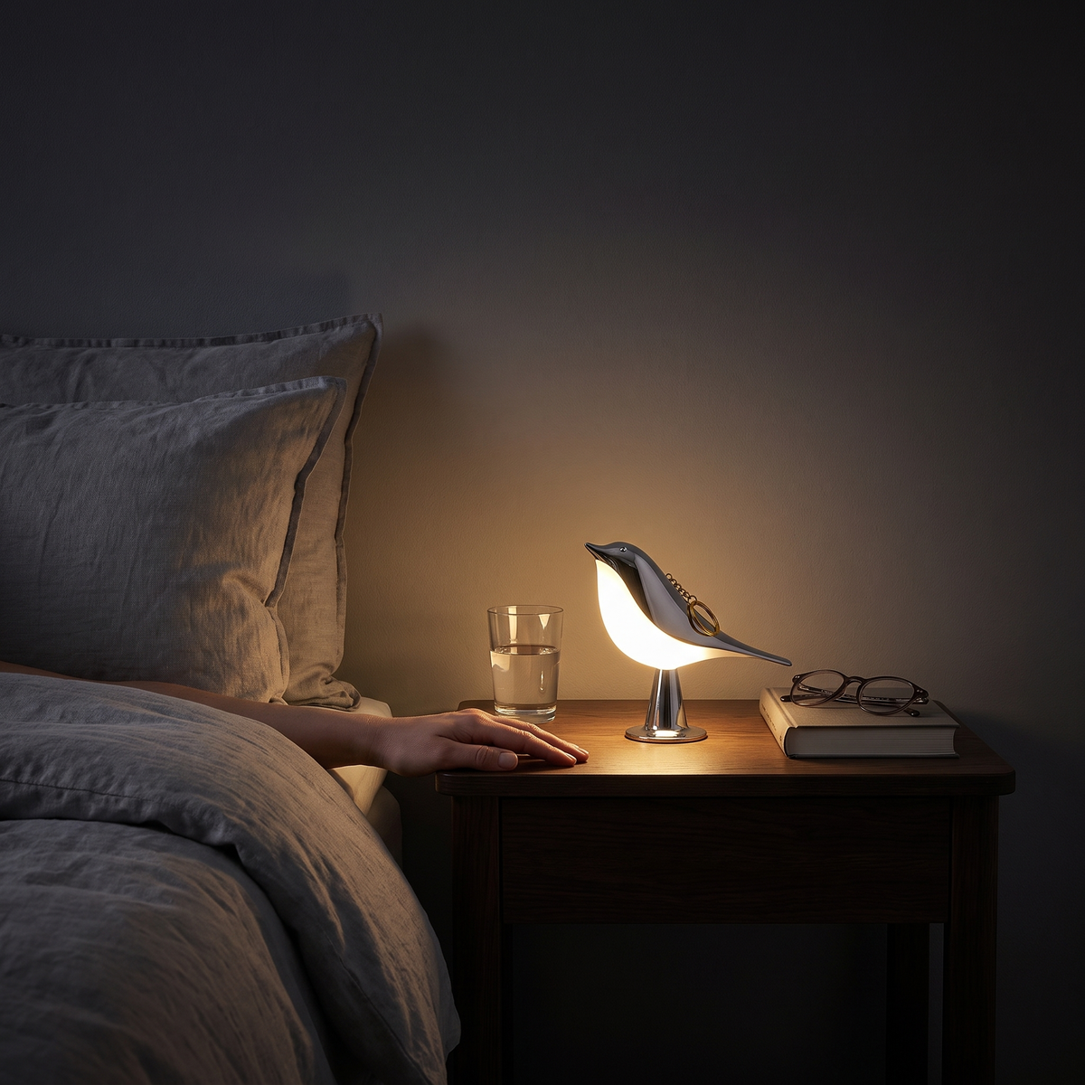 Cora in silver on the bedside table, as tall as the glass of water