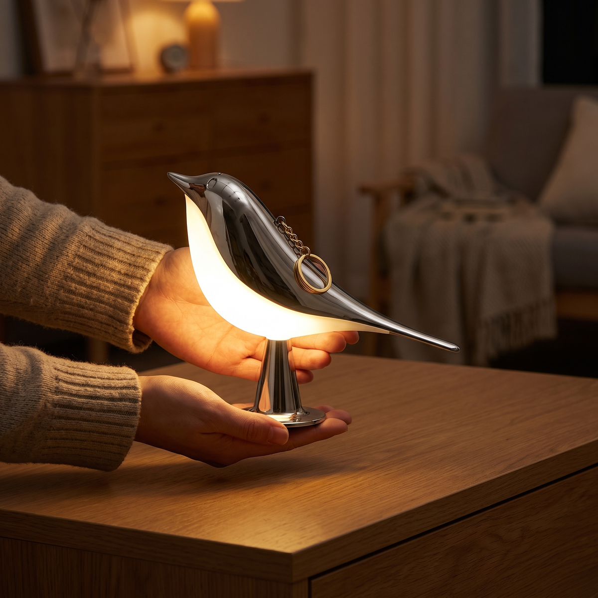 Cora in silver held up in two hands – cordless and switched on
