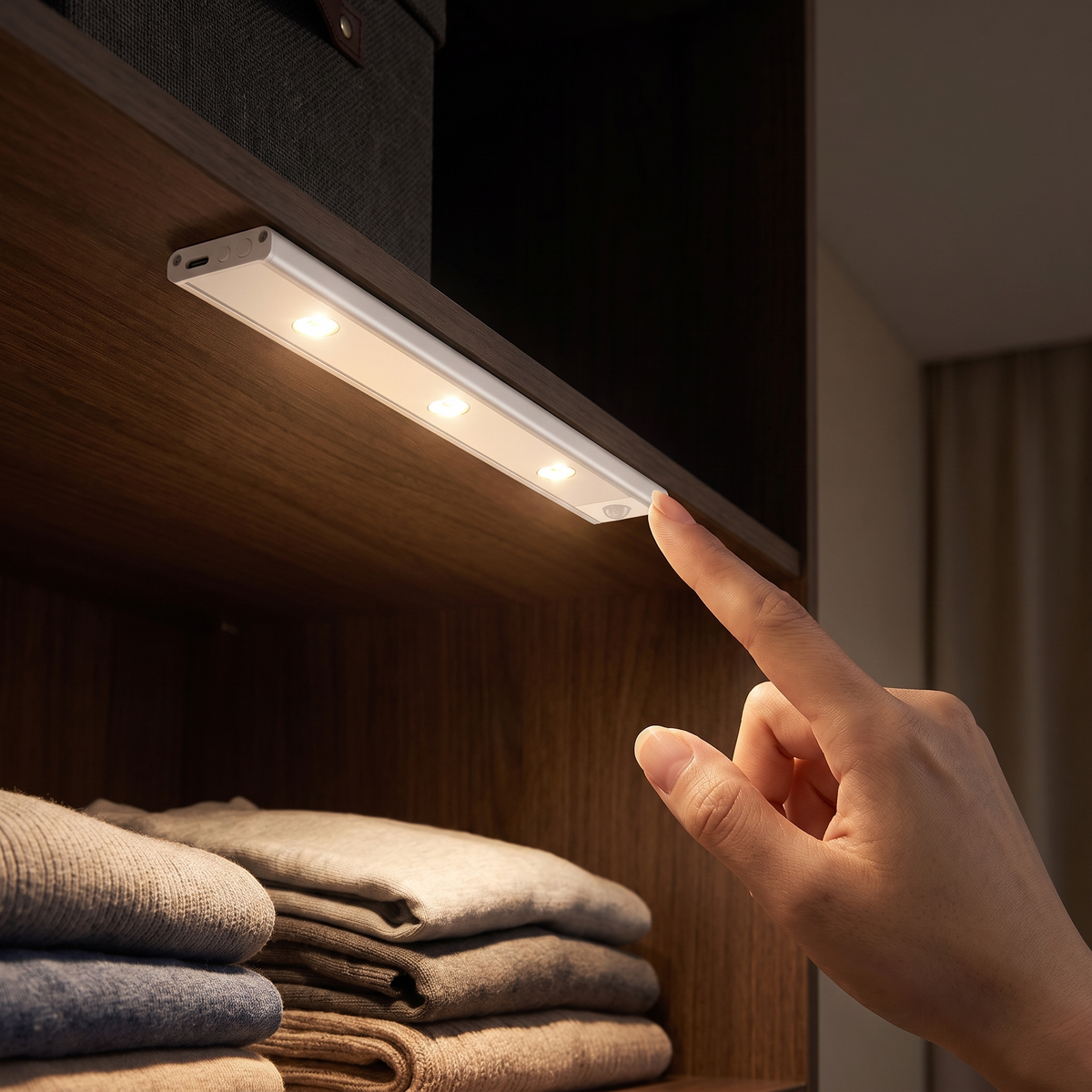 A finger pressing the button at the end of Lyra, fitted inside a wardrobe