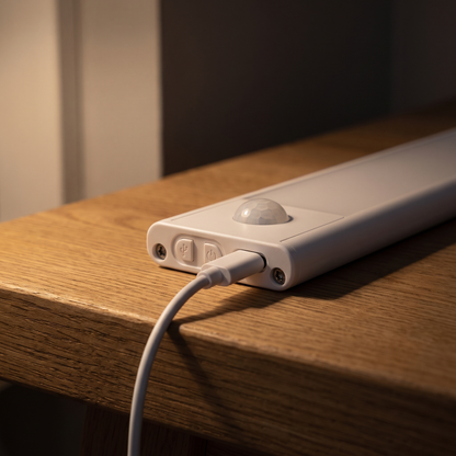 USB-C cable plugged into the end cap of Lyra, with the motion sensor just beside it