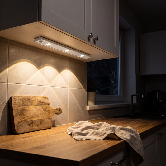 Lyra in white fitted under a kitchen wall cupboard, warm arcs of light falling onto the worktop in the evening