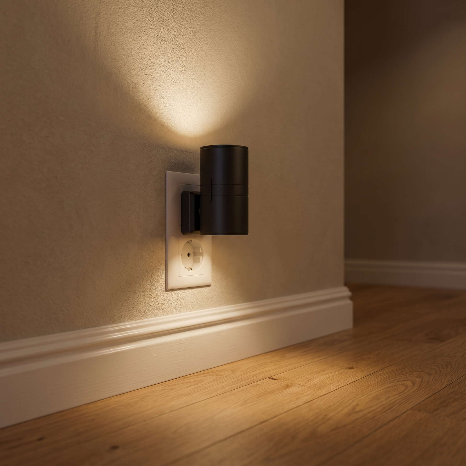 Vega lit in a wall socket by the skirting board in a hallway, warm light washing up the wall and out across the floor