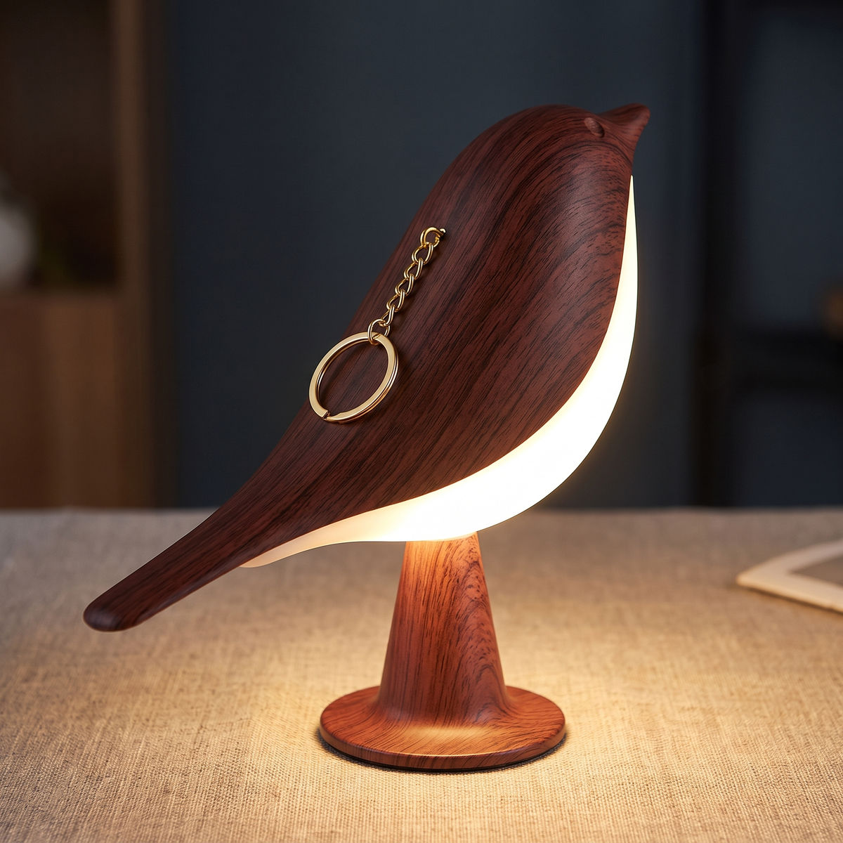 Close-up of the dark wood back, the white glowing belly and the detachable ring