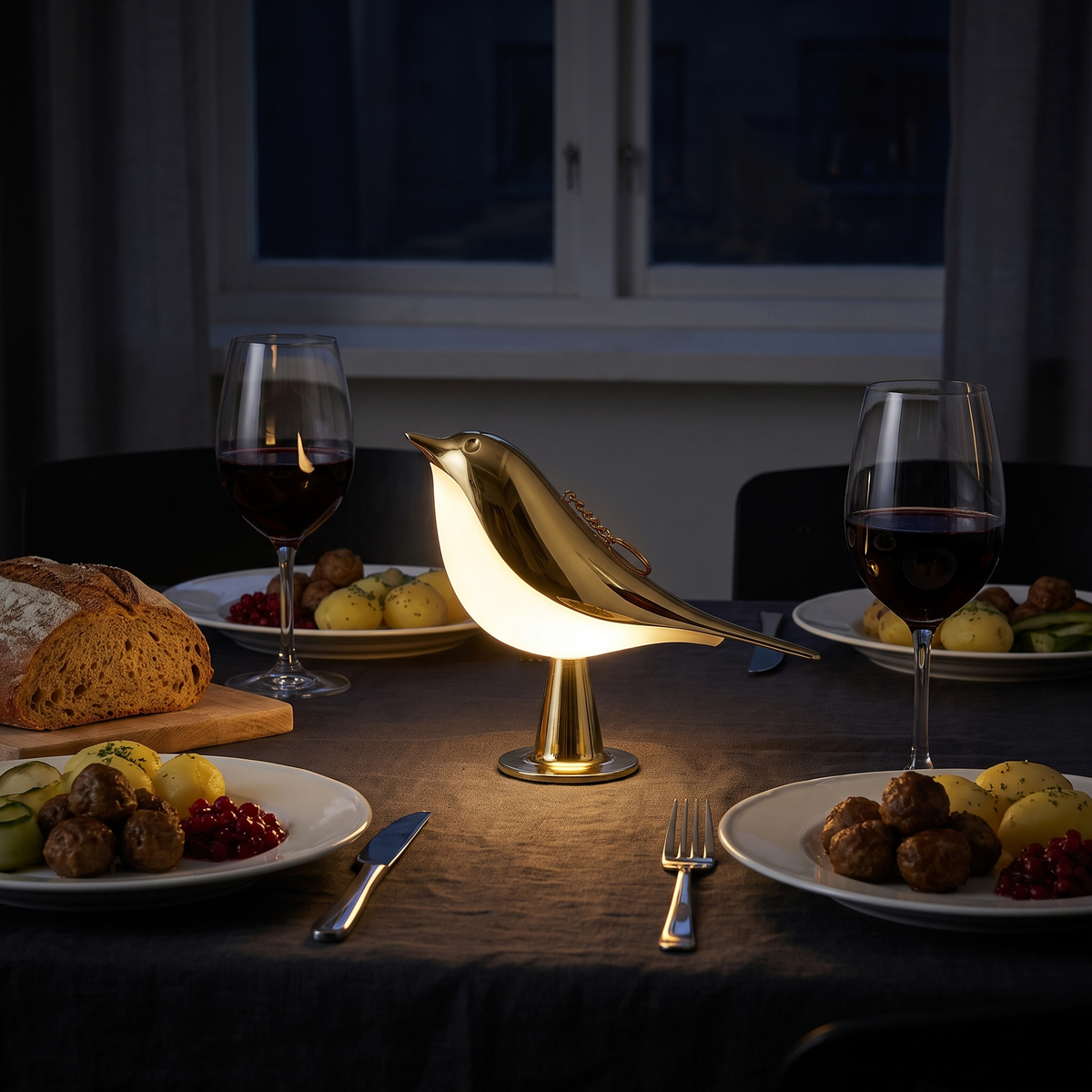 Cora in gold as the only light on a dinner table laid for two