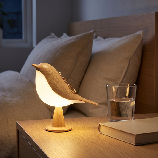 Cora in light wood, glowing on the bedside table – as tall as the glass of water beside it