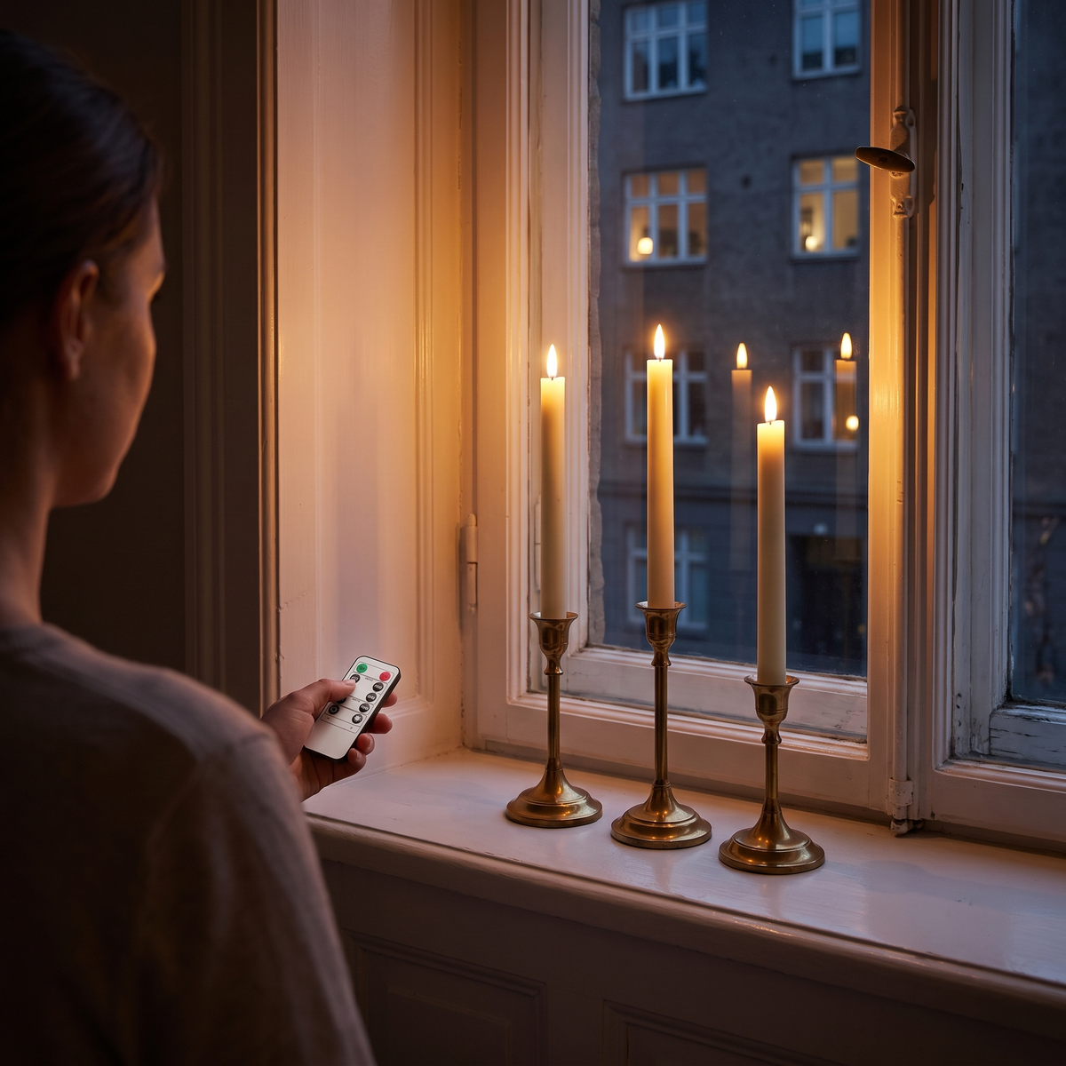 A hand pointing Vela's remote control at three lit taper candles in the window