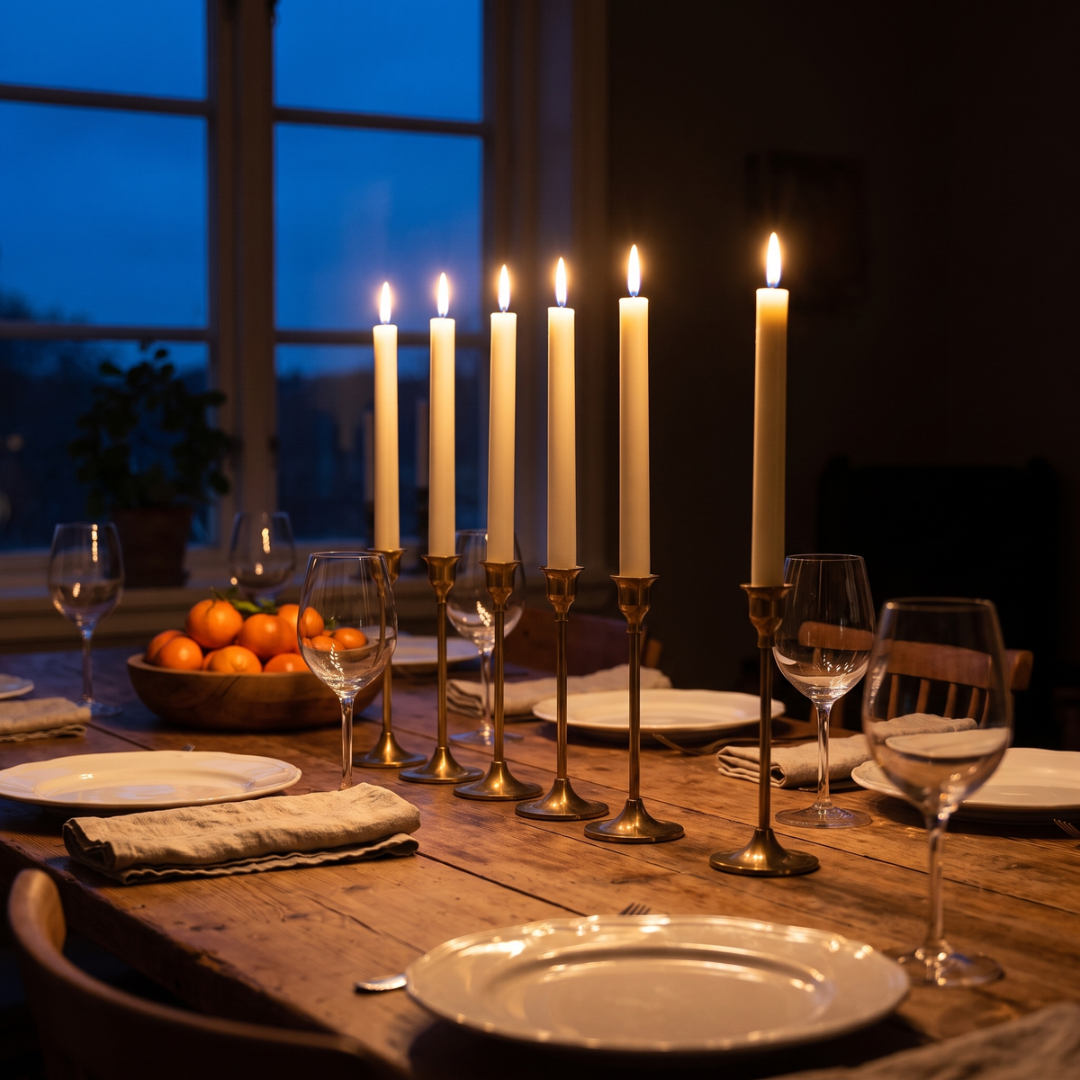 Vela: six lit LED taper candles in brass candlesticks on a dinner table laid for guests on a November evening