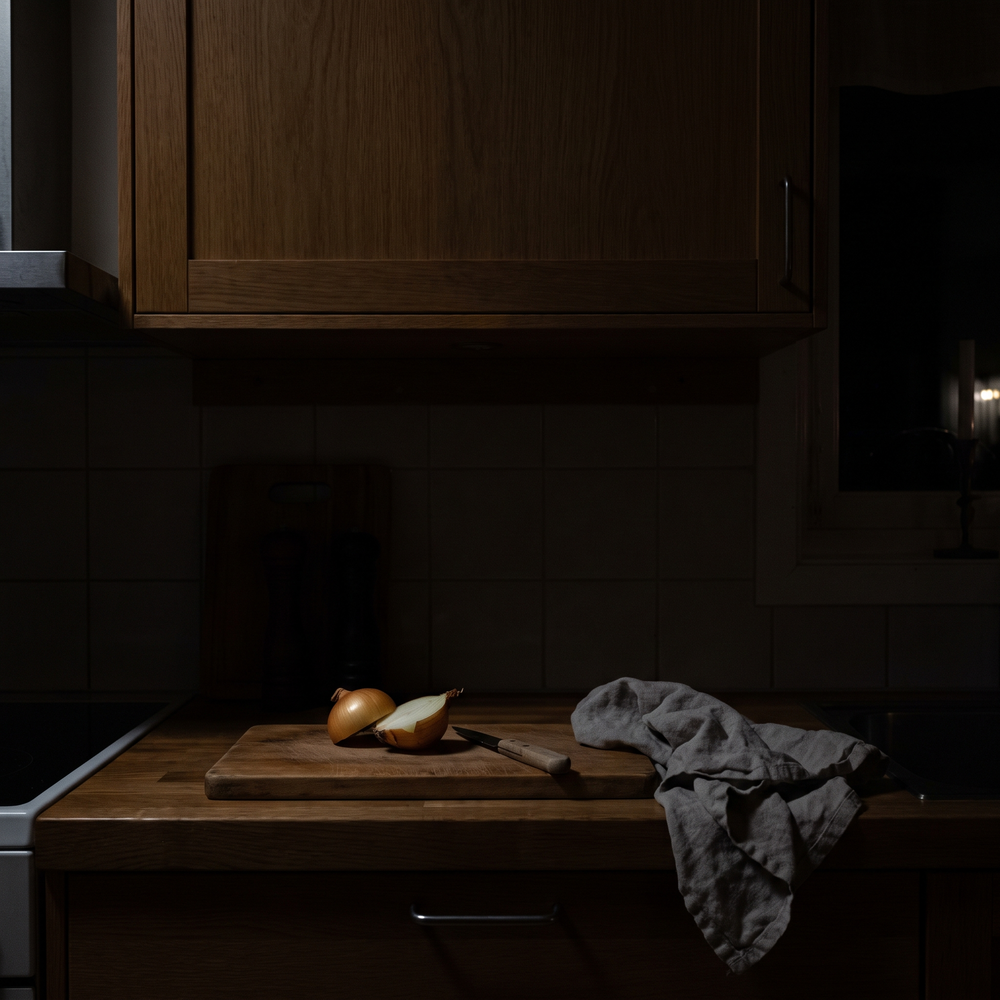 The worktop under the wall cupboard in the dark, the chopping board and onion almost impossible to make out