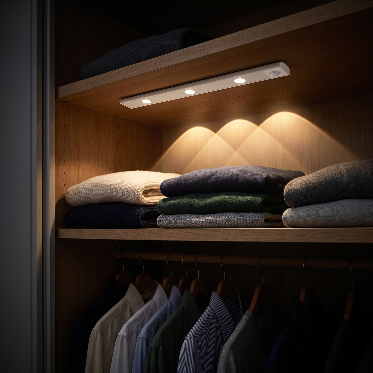 Lyra switched on along a shelf edge in a wardrobe, a warm glow over the folded jumpers