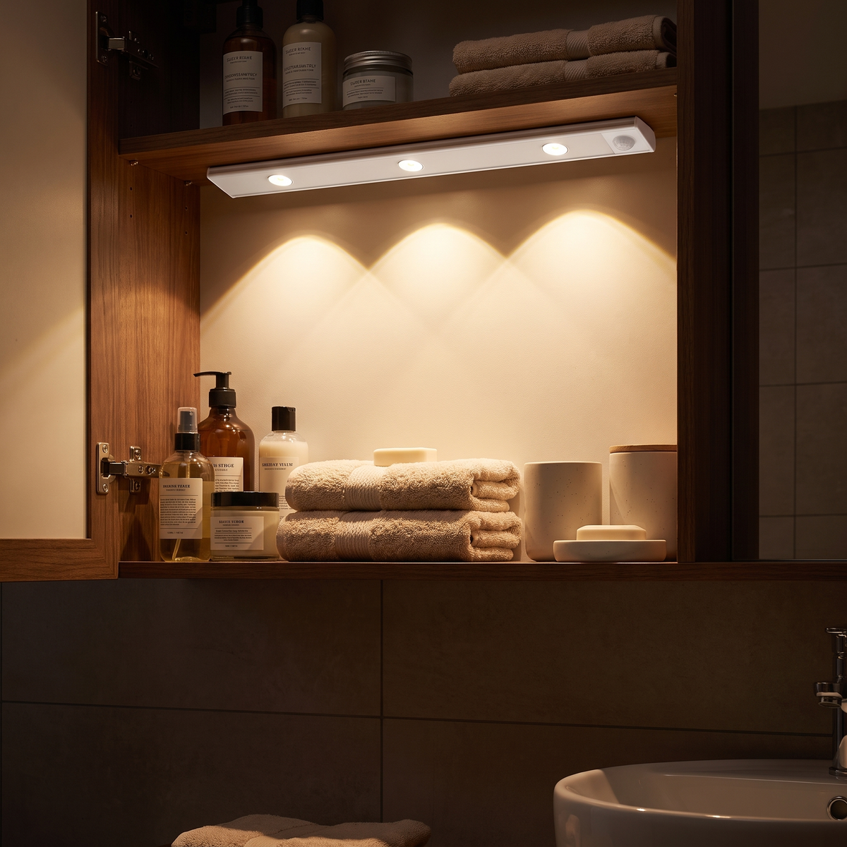 Lyra switched on inside a bathroom cabinet, light over everything on the shelf