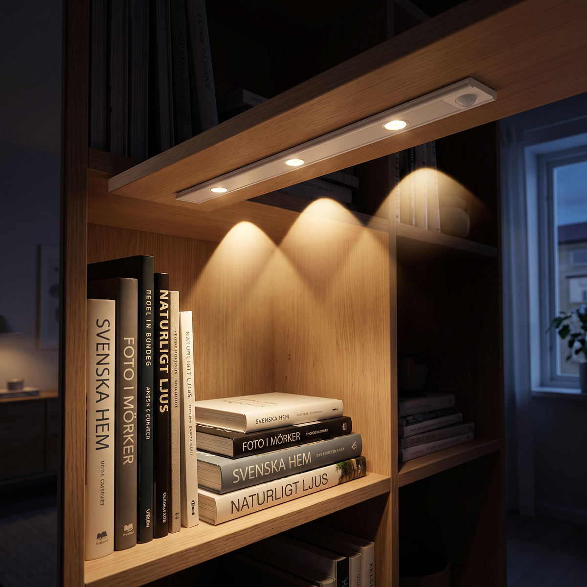 Lyra switched on under the edge of a bookshelf, light over the book spines