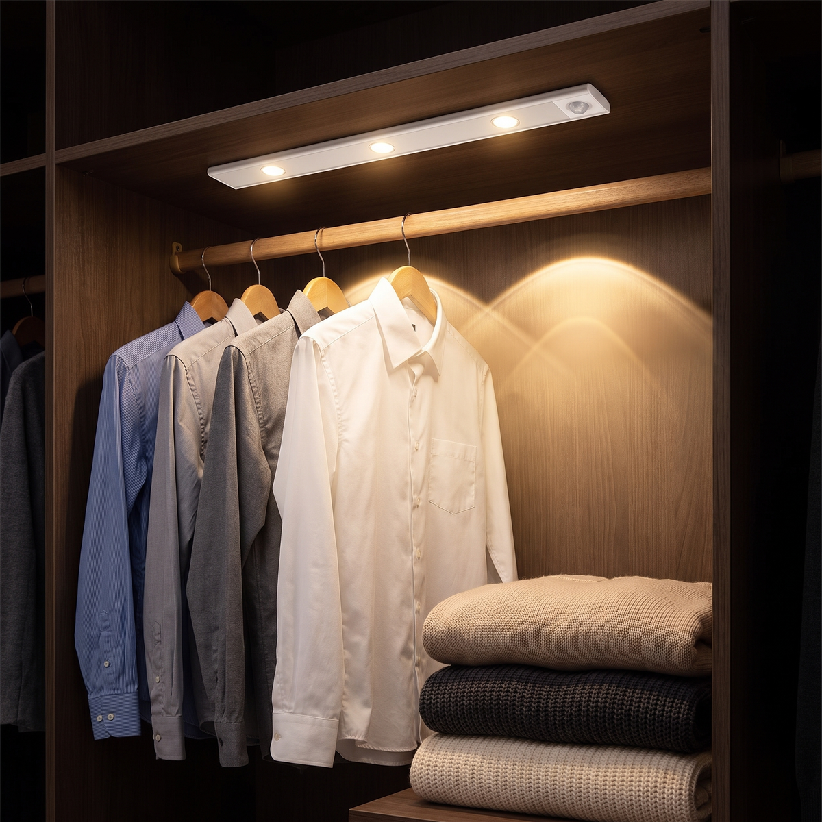 Lyra switched on under the shelf in a walk-in wardrobe, light falling over the hanging shirts