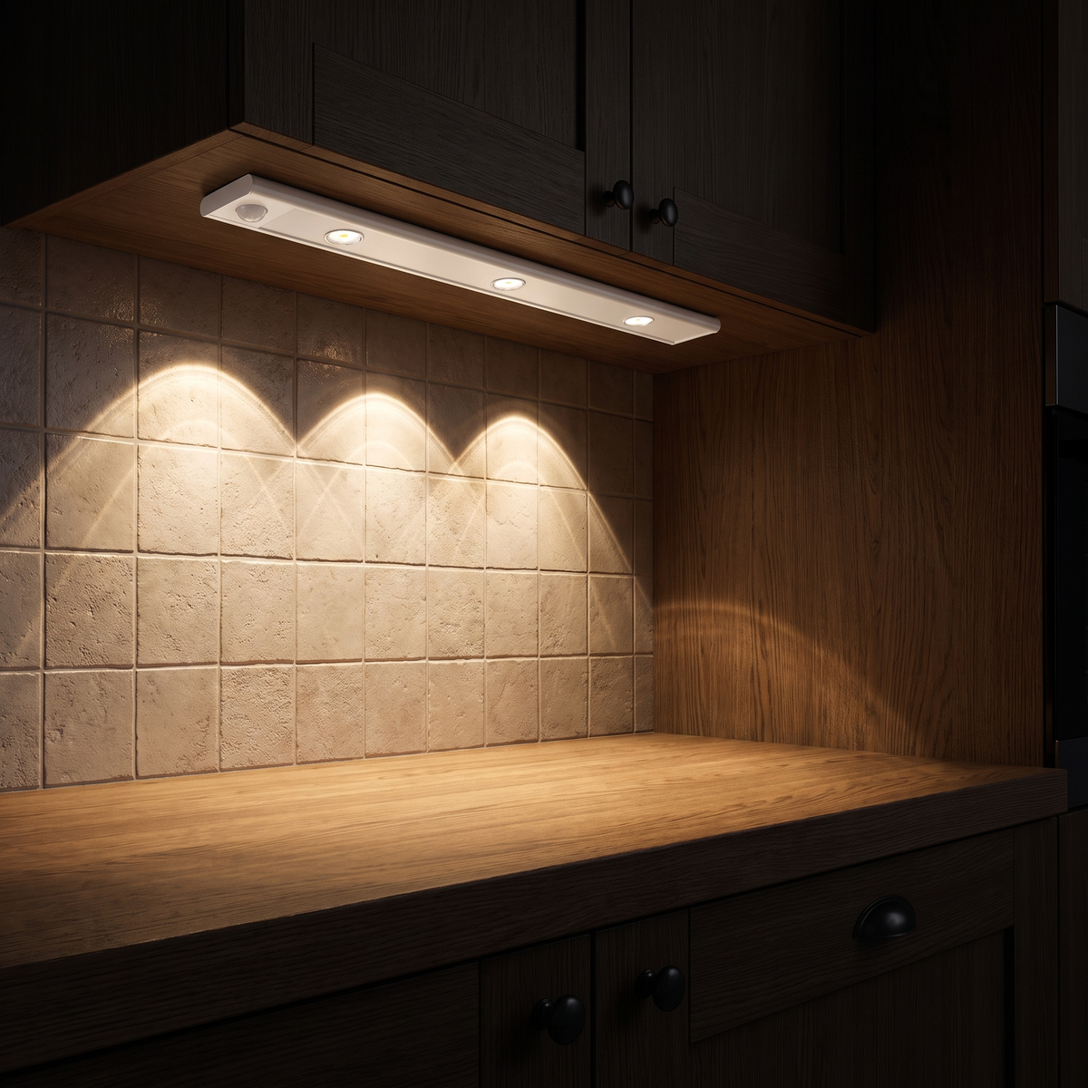 Lyra switched on under a kitchen wall cupboard, warm arcs of light on the splashback