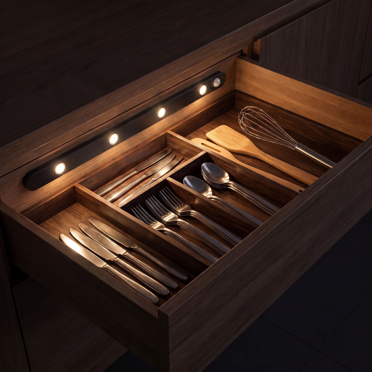 Lyra switched on inside an open kitchen drawer, light over the cutlery and utensils