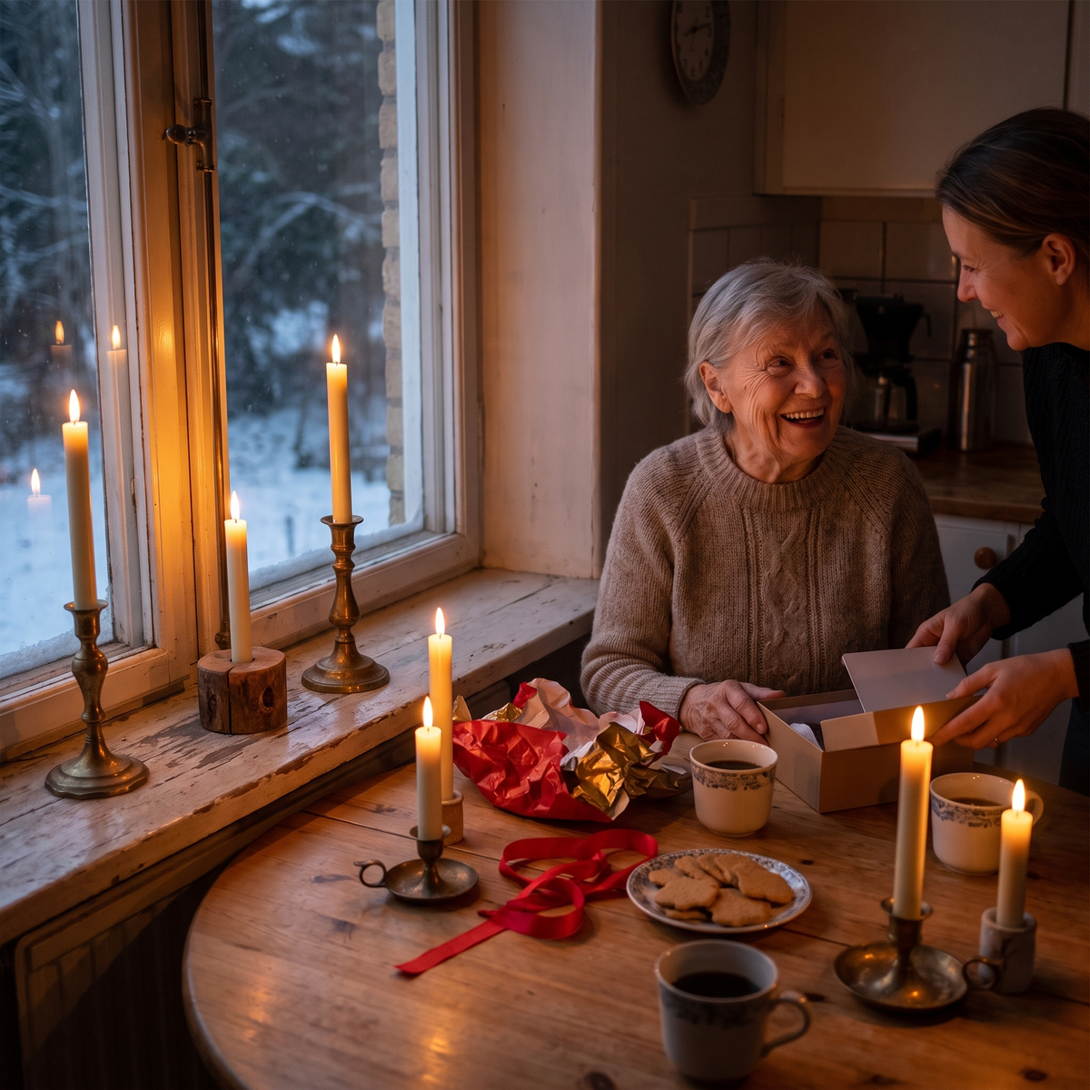 An older woman opening a present at the kitchen table, lit Vela taper candles in the window